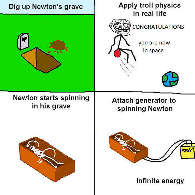 Troll physics. . Dig up Newton' s grave Apply troll physics in real life CONGRATULATIONS you are now in space Newton starts spinning Attach generator to in his 