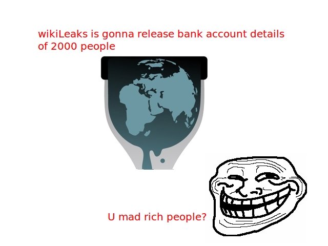 Troll'd. Article: &lt;a href=&quot; target=_blank&gt;mashable.com/2011/01/17/wikileaks-swiss-bank-account/&lt;/a&gt;&lt;br /&gt; lol'd when I saw this. wikileak