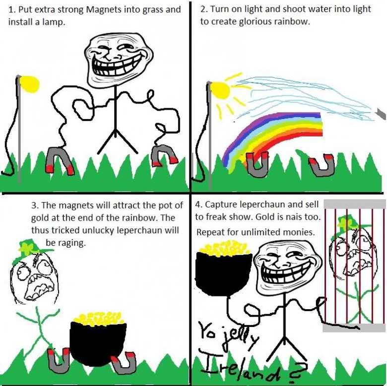 Troll Logic. . 1. Put extra strong Magnets into grass and t. Turn on light and shoot water into light install a lamp. to create glorious rainbow. 3. The magnets