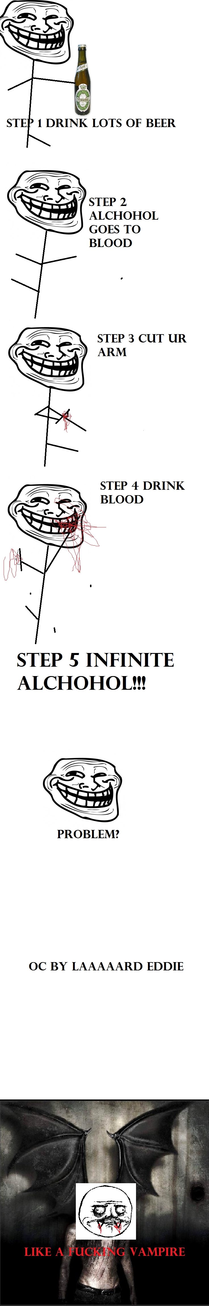 Troll tip: Alchohol. Sorry if my spelling is wrong. STEP 2 ALCHOHOL GOES TO BLOOD STEP 3 CUT UR ARM STEP 4 DRINK BLOOD STEP s INFINITE ALCHOHOL!!! PROBLEM? BY E