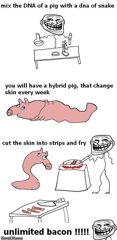 Troll Logic :D. Seems legit. mix the DNA of a pig with a dna of snake you will have a hybrid pig, that change skin every week. u could have pork rinds