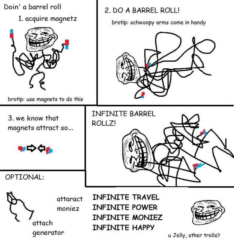 troll logic 2. . Doin' a barrel roll 1. acquire magnet: 2. DO A BARREL ROLL! brotips schwoopy arms come in handy brawn: use magnets to do this INFINITE BARREL R