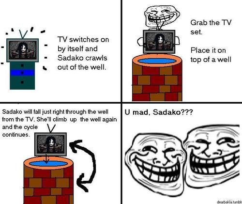 TRoll logic. . Grab the TV set TV switches on by itself and Place it an Sadako crawls up of a well I. out ofthe well. willingest right Erraugh the wel from tns 