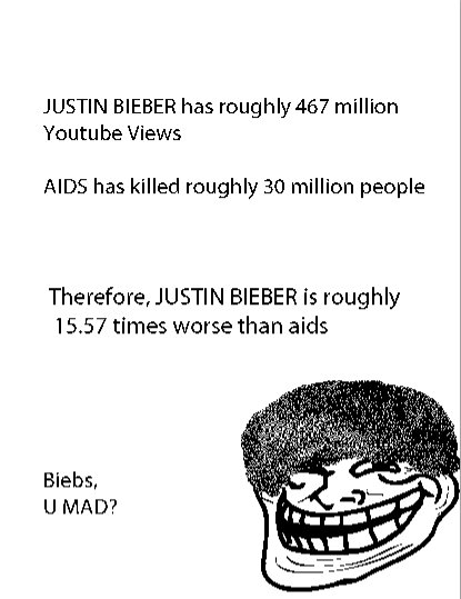 Troll Logic: Bieber is Worse than AIDS. 100% valid. JUSTIN WEBER has roughly 467 million Views AIDS has killed roughly 30 million people Therefore, JUSTIN BIEBE