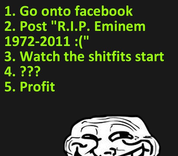Trollbook. . L Go onto facebook 2. Post "RIP. Eminem 3. Watch the shitfits start 5. Profit. To facebook!
