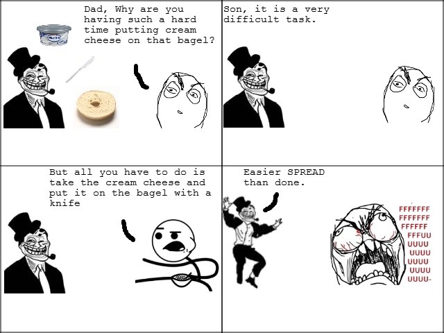 Trolldad's Bagel. OC . Dad, Why are you Sen, it is a very having such a hard difficult task. time putting cream cheese en that bagel? But all you have is Easier
