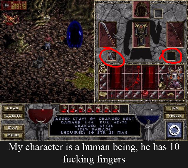Two ring slots. I bet I could put several necklaces on his neck too.... h/ character is a human being, he his" iij" -i fucking fingers. Game logic/lore make it so that the human hand, though having 5 fingers (or 4 and a thumb for those people), can only contain the magic of 1 ring, no mater how 