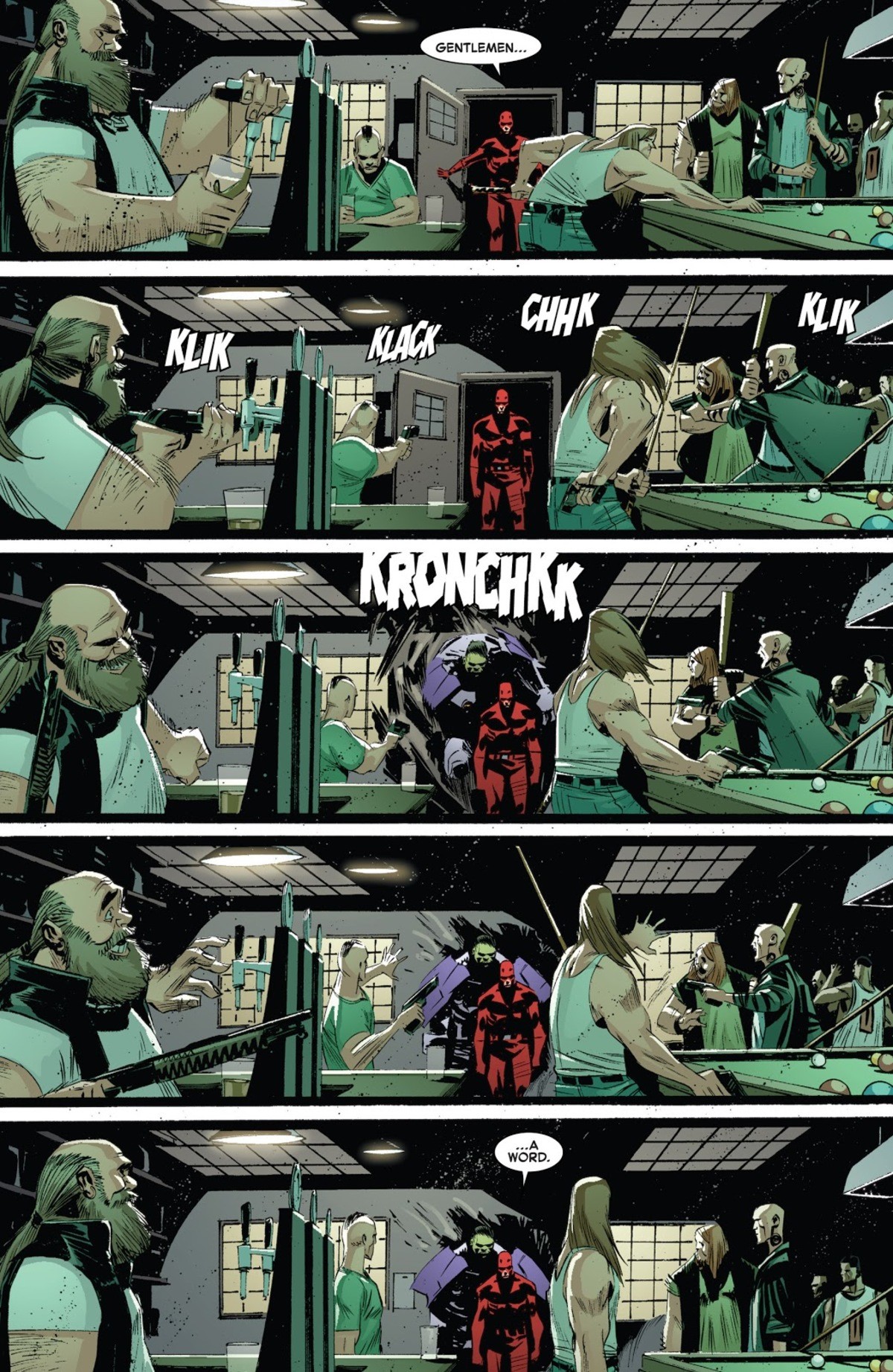 Two superheroes walk into a bar.... Indestructible Hulk Issue #9 .. I mean, sure Daredevil is just a man but wouldn't they know enough about him to not wanna get their asses kicked by him either?