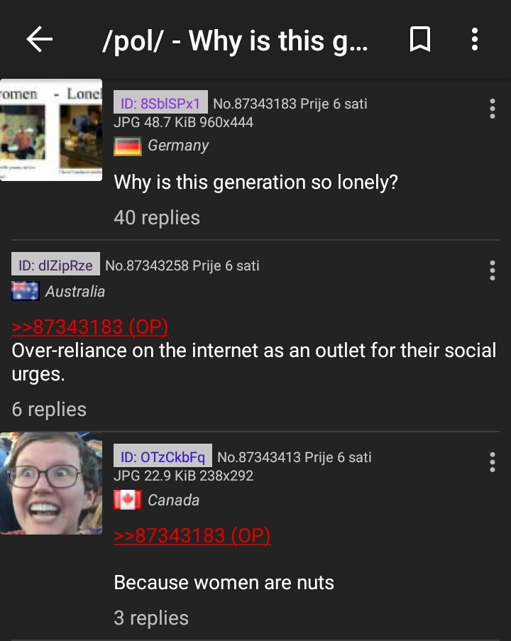 Two types of /pol/acks. . we a aw UPG 48/ 7 MB 960x444 2 Germany Why is this generation so lonely? 40 replies TO Prue 6 sadi It Australia on the internet as an 