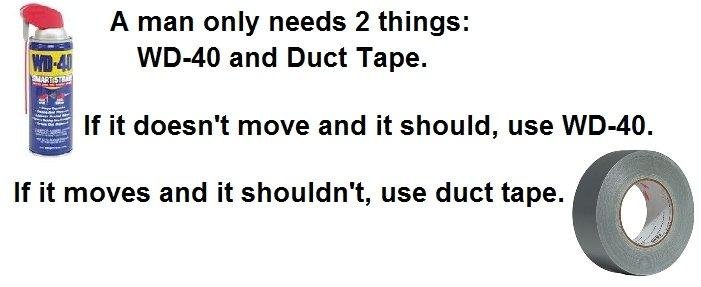 Two things a man needs. lol. A man only needs 2 things: and Duct Tape. llooll If it doesn' t move and it should, use WI) -40. If it moves and it shouldn' t, use