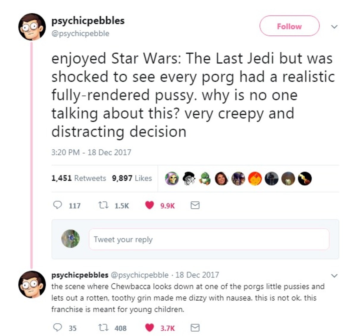 Tyerseximy Pediact Wenokno. . lall) psychicpebbles /" Follow as enjoyed Star Wars: The Last Jedi but was shocked to see every perg had a realistic pussy. why is