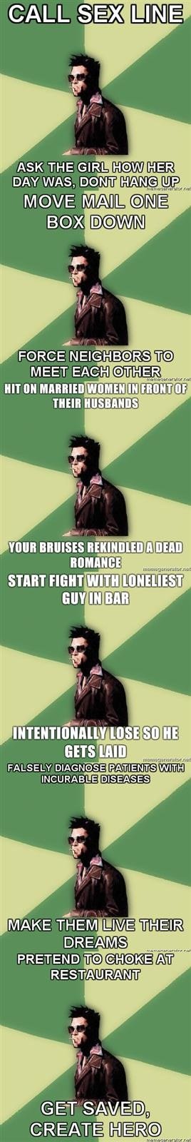 Tyler Durden Comp. first rule of fight club is.. same as /b/'s.. Hey RePoster: http://funnyjunk.com/funny_pictures/1847516/Helpful+Tyler+Durden/ This was submitted less than a day ago.