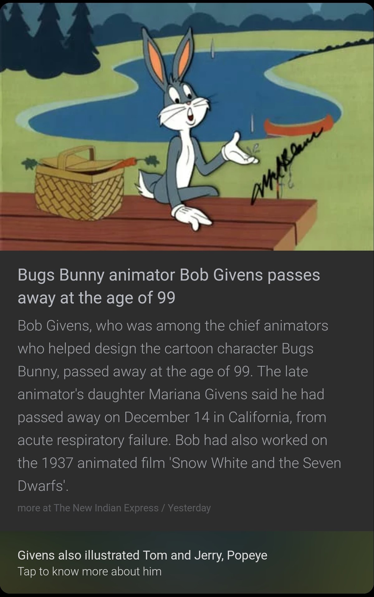 Tyoweduign Tirocu Deane. . Bugs Bunny animator Bob Givens passes away at the age of 99 Bob Givens, who was among the chief animators who helped design the carto