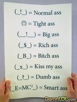 types of ass. u can see it better if u hold down alt+f13 .... lol. LL) = Normal ass l) = Tight ass u = Big ass CL) = Rich ass UL) = Bitch ass Cc) = Kiss was. The description is a trap! AHHHH!