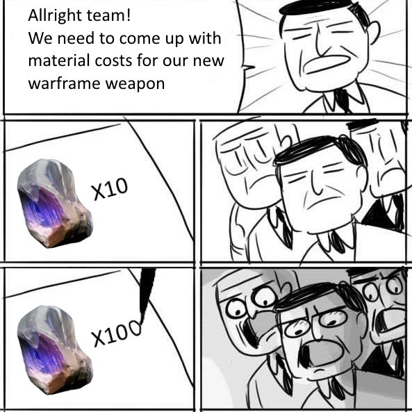 typical DE work process. . Allright team! 7 " We need to come up with - " material costs for our new warframe weapon. At least its not 100+ nitain