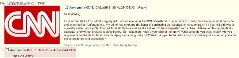 Typical 4chan. . CI Anonymous C) 7/ 19/ 10( Mon) 15: 51: 50 No. 254431) ( X  Hello When, First let me start off by introducing myself. I am an CNN Intern