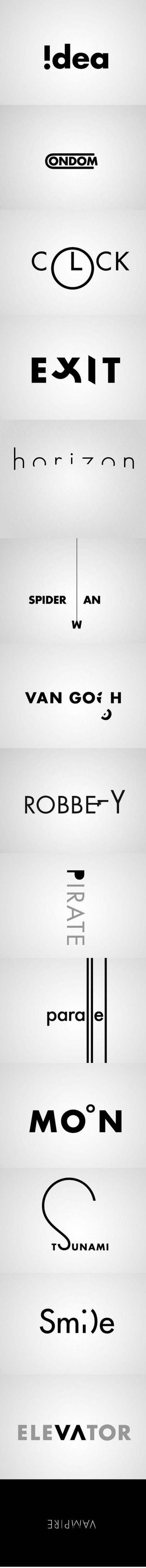 typography fun!. . Heel ANDOM EXIT SPIDER AN VAN Got H ROBBI‘ Y para e MOON T INAMI Smae ELEVATOR. These are quite interesting actually. I'm studying to be a graphic designer so I learn something from these. Please post more!