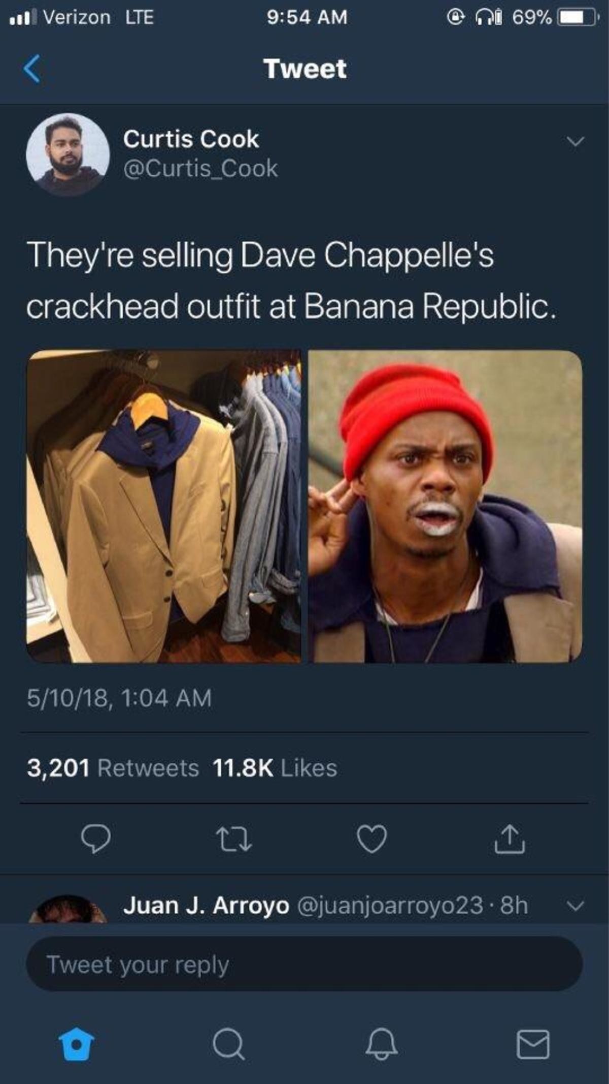 Tyrone Biggums. . u! Verizon HE 9254 AM (ii) " 69% iii t Tweet kiitti Curtis Cook if @Curtis Cook They' re selling Dave Chappelle' s crackhead outfit at Banana 
