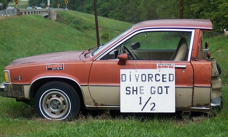weird unusual car divorced. sharing is always difficult in a divorce, the problem was resolved with a chainsaw.. If I ever got divorced two things I wouldn't give up 1. Dog 2. Car