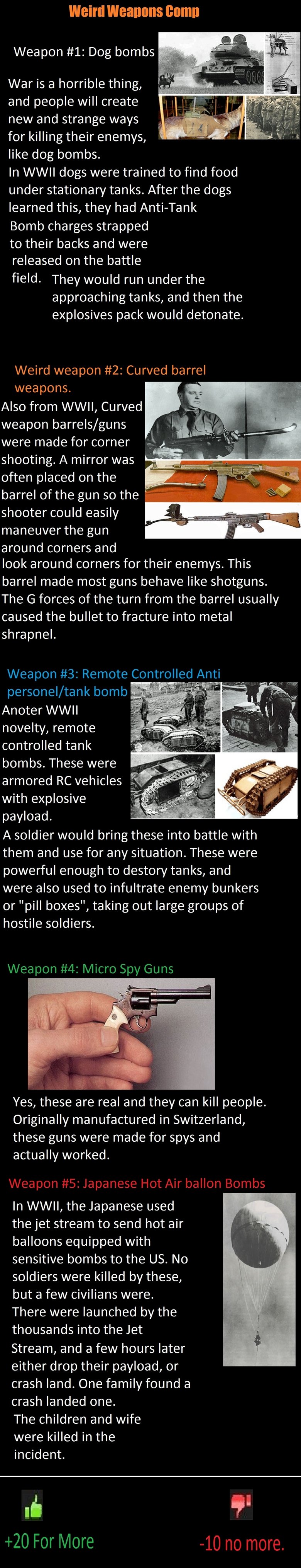 Weird Weapons Comp. Please rate and comment. Contentdump.. the remote controlled goliath anti-tank device was genius just dig like a 3 foot x 3 foot hole cover it with camoflage, then sit a couple hundred feet back and 