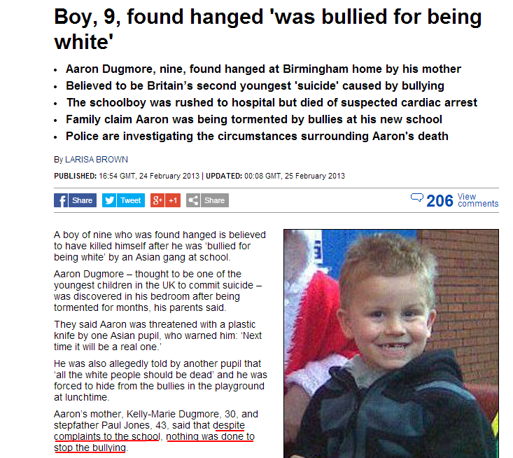 Welcome to run Europe. . Boy, 9, found hanged 'was bullied for being white' Aaron Dimmers, nine, found hanged at Birmingham home by his mother Believed to be Br