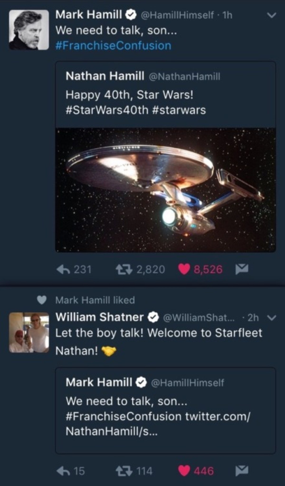 welcome. . Mark Hamill We need to talk, son... Nathan Hamill Happy 40th, Star Wars! W ' William Shatner O Let the boy talk! Welcome to Starfleet W . Nathan! 9 M