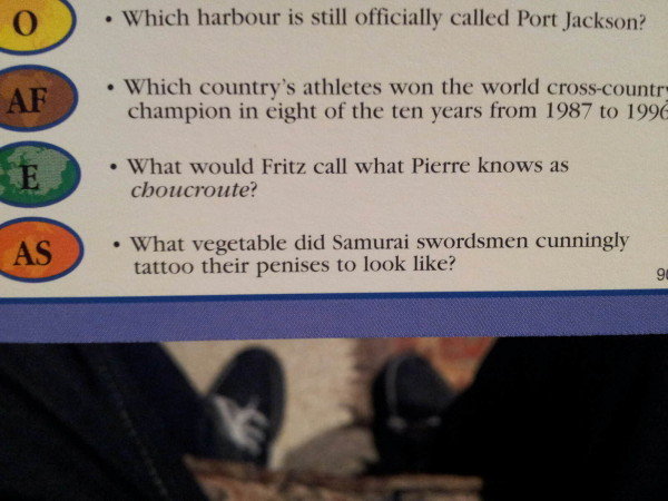 What the actual ?. Playing Trivial Pursuit with the family. Last question pops up. The answer is Aubergines by the way. Which harbour is still officially ? Tir'