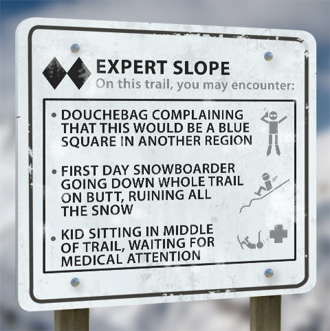 What ski warnings should be 4. . EXPERT SLOPE On this trail, you may encounter: DOUCHEBAG COMPLAINING aer,,,, THATCH'S WOULD an BLUE I SQUARE IN ANOTHER REGION 