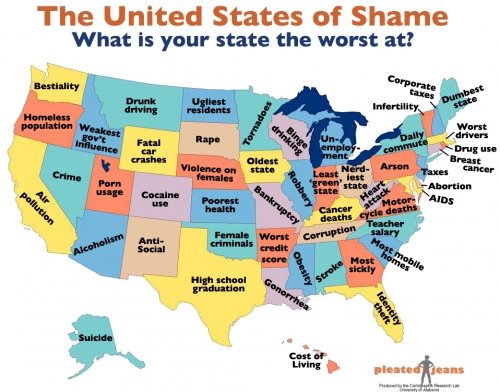 What State are you?. Thumb up for countries.. The United States of Shame What is your state the worst at?. Who's up for a trip to Vermont?