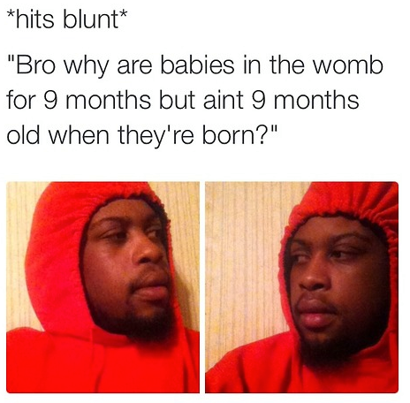 When you really think about it........ . hits blunt' Bro why are babies in the womb for 9 months but aint 9 months old when they' re born?". I think we all dont wanna know the exact date we were conceived. Those born during November probably have a pretty good idea though.