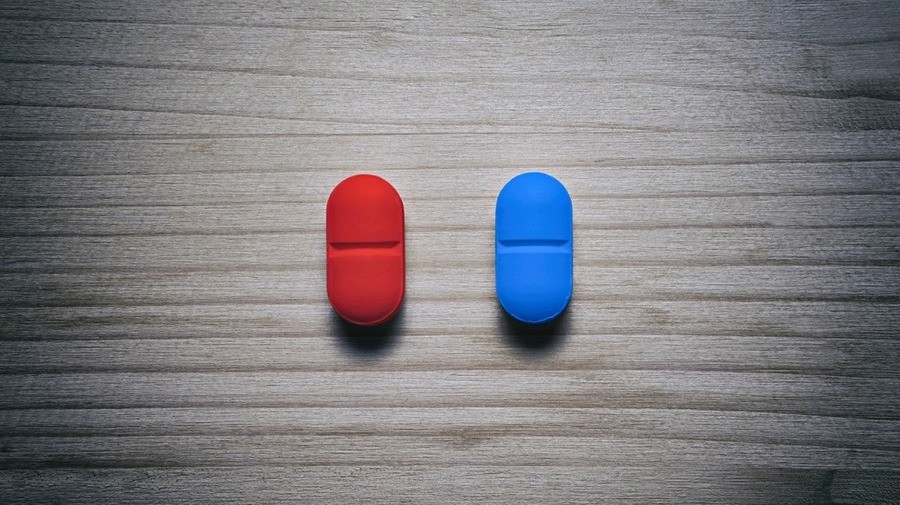 wich pill?. Red pill lets you see 15 years into the future at the point of taking it, but no further. Blue pill transfers your current knowledge and cognitive a