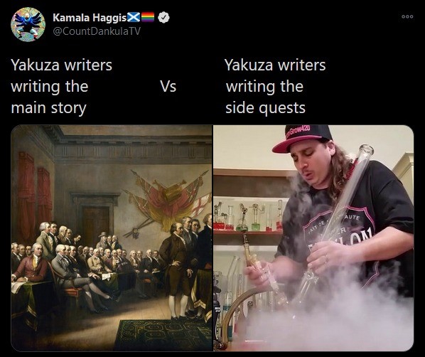 writers. .. In Yakuza, you get to: Teach a dominatrix to be better at her job Give a kid a porno magazine Infiltrate a hippie cult Be a test subject for experimental drugs 